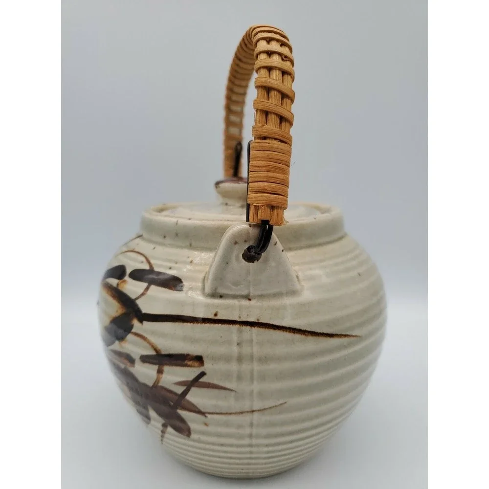 Vintage Japan Ceramic Stoneware Teapot with Wicker Bamboo Handle Asian